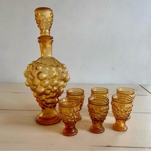 Vintage Wine Carafe Set - Empoli Decanter Cordials Set Amber Grape Clusters MCM